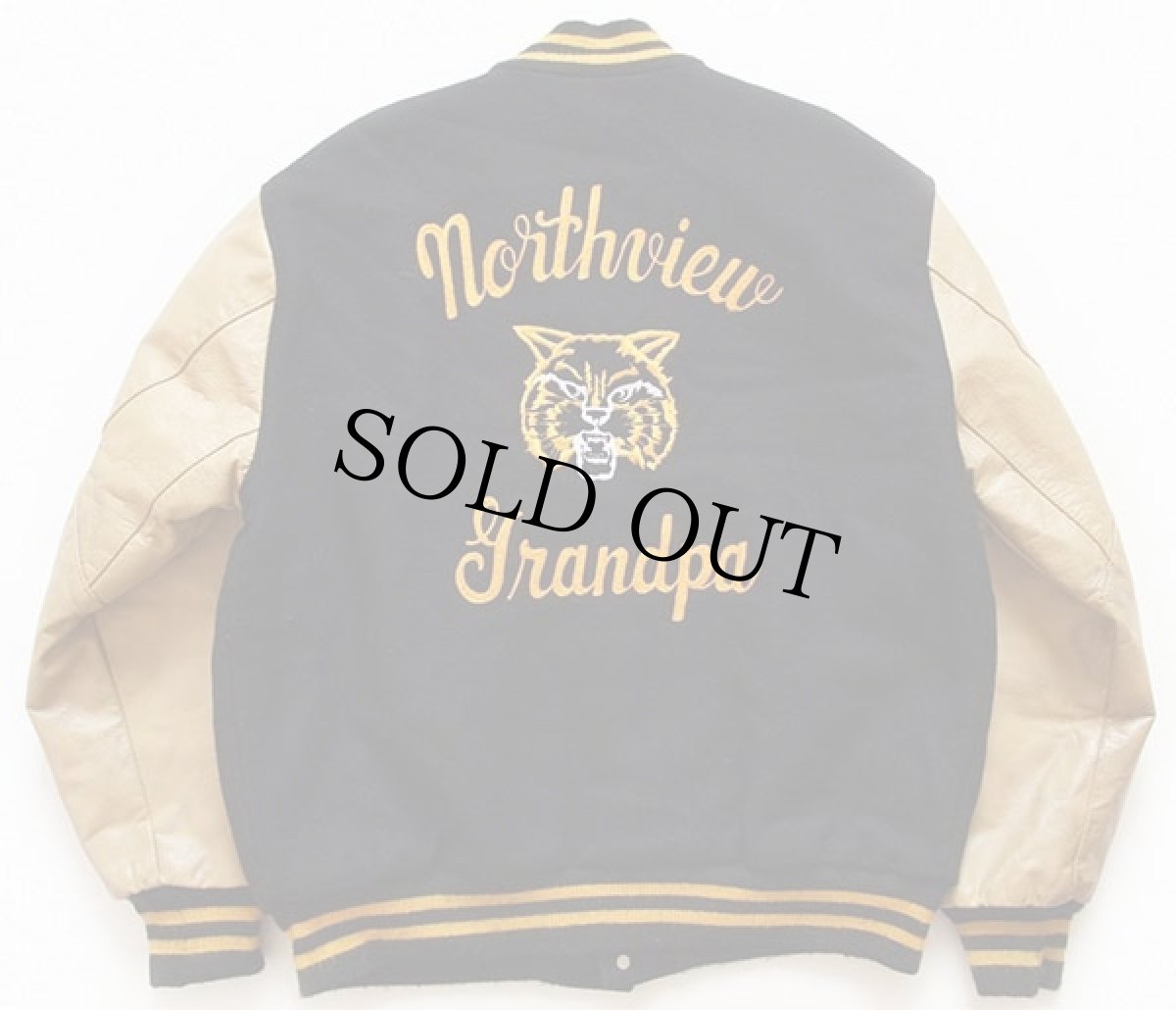 画像2: 90s USA製 DeLONGデロング タイガー チェーン刺繍&パッチ付き メルトン ウール 袖革スタジャン 黒 XL (2)