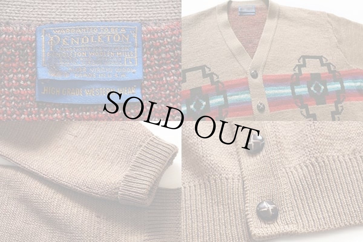 画像3: 70s USA製 PENDLETONペンドルトン ネイティブ柄 ジャガード ウールニット カーディガン 茶 L (3)