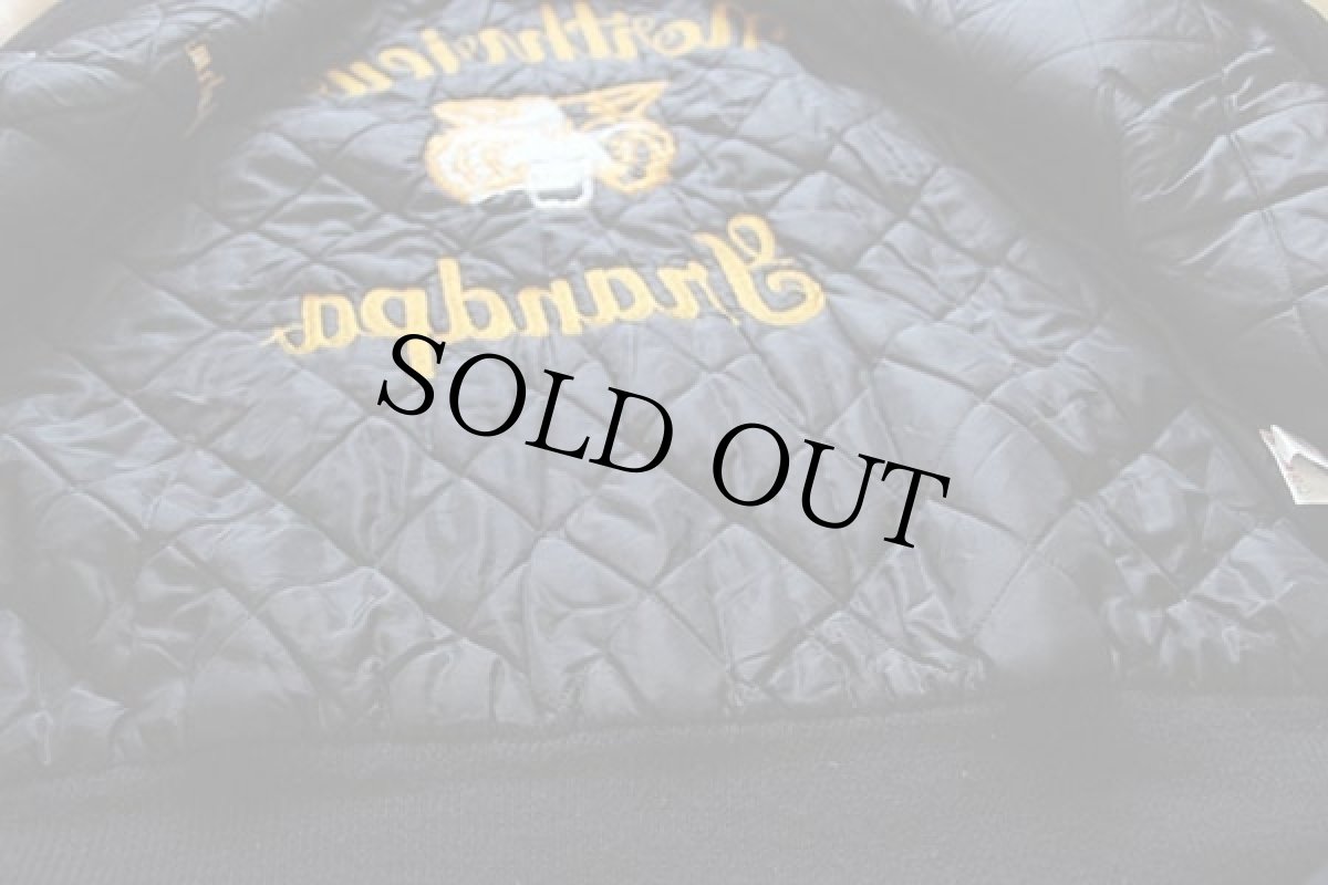 画像7: 90s USA製 DeLONGデロング タイガー チェーン刺繍&パッチ付き メルトン ウール 袖革スタジャン 黒 XL (7)