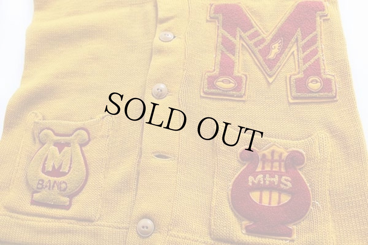 画像4: 50s IMPERIAL インディアンヘッド パッチ付き ウールニット レタードカーディガン ボロ マスタード 40 (4)