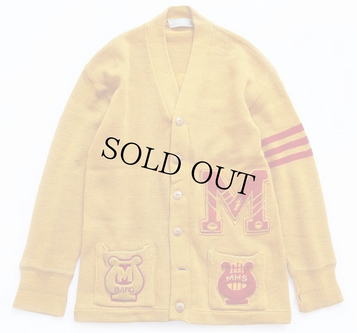 画像2: 50s IMPERIAL インディアンヘッド パッチ付き ウールニット レタードカーディガン ボロ マスタード 40 (2)