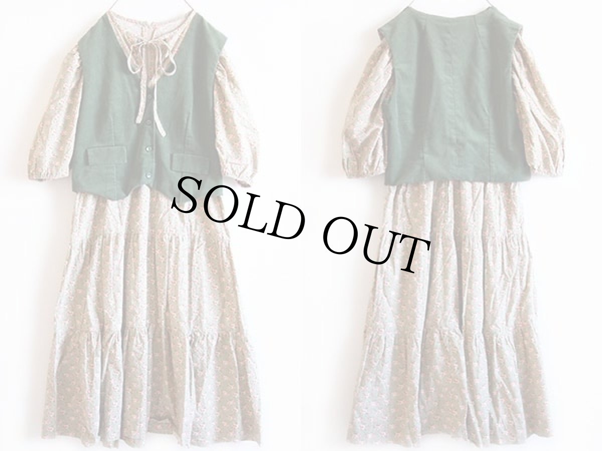 画像2: ビンテージ 花柄 パフスリーブ ワンピース&コーデュロイベスト セット (2)