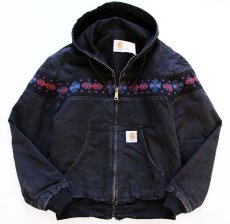 画像1: 80s USA製 carharttカーハート ネイティブ柄 ニット切り替え ダック地 アクティブジャケット パーカー 黒 M (1)