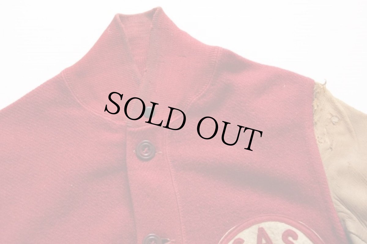 画像6: 30s フェルトパッチ付き ディアスキン 袖革 ボタンスタジャン ボロ 赤 38★ボタスタ (6)