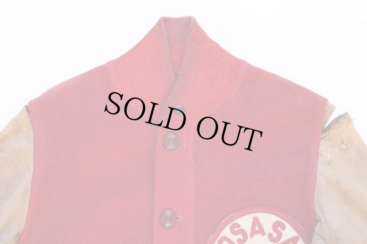 画像7: 30s フェルトパッチ付き ディアスキン 袖革 ボタンスタジャン ボロ 赤 38★ボタスタ (7)