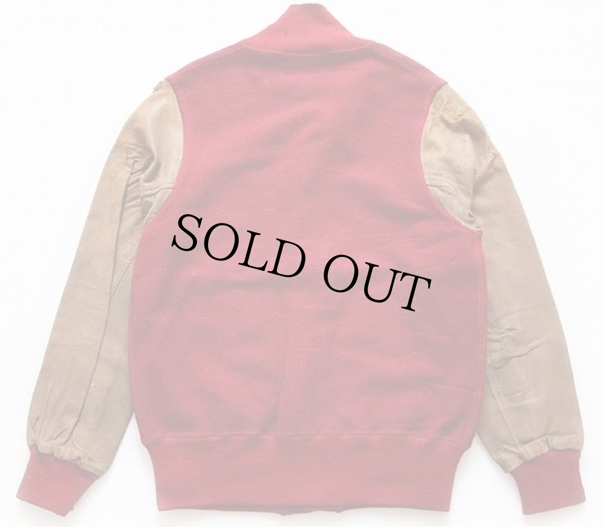 画像2: 30s フェルトパッチ付き ディアスキン 袖革 ボタンスタジャン ボロ 赤 38★ボタスタ (2)