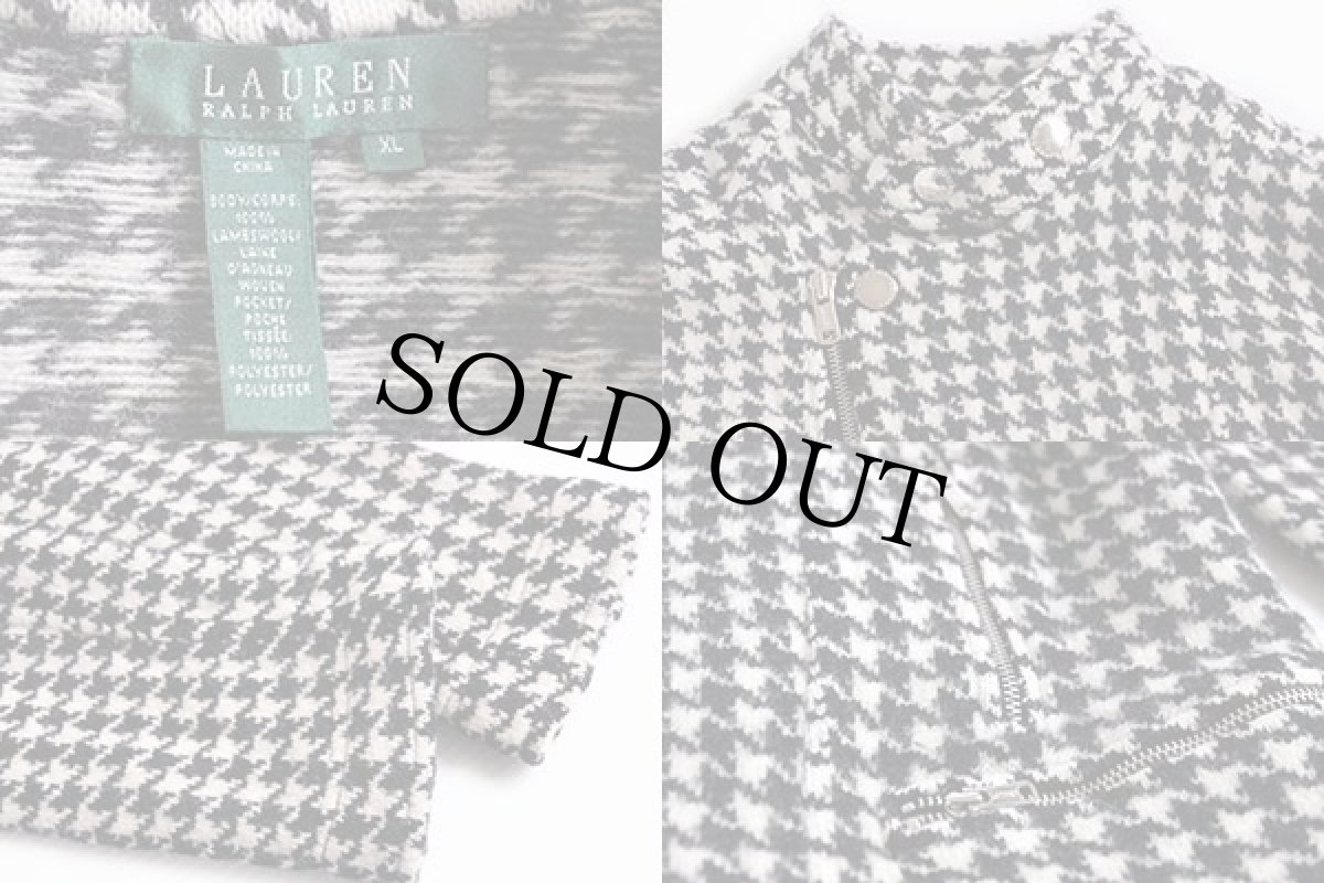 画像3: LAUREN ラルフローレン 千鳥格子 ライダース ラムウール ニットジャケット 白×黒 XL (3)