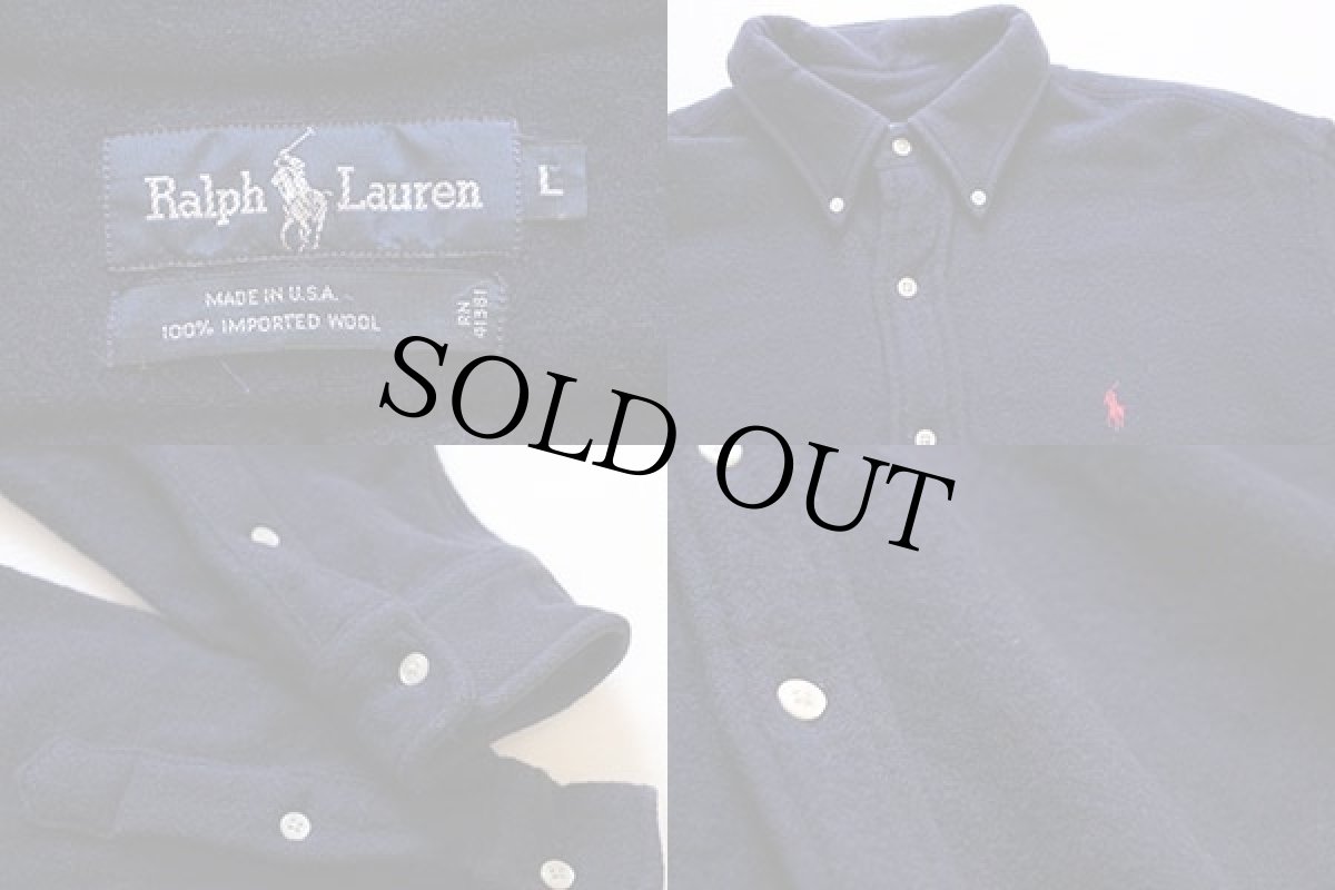 画像3: 90s USA製 ラルフローレン ワンポイント ボタンダウン ウールシャツ 紺 L (3)
