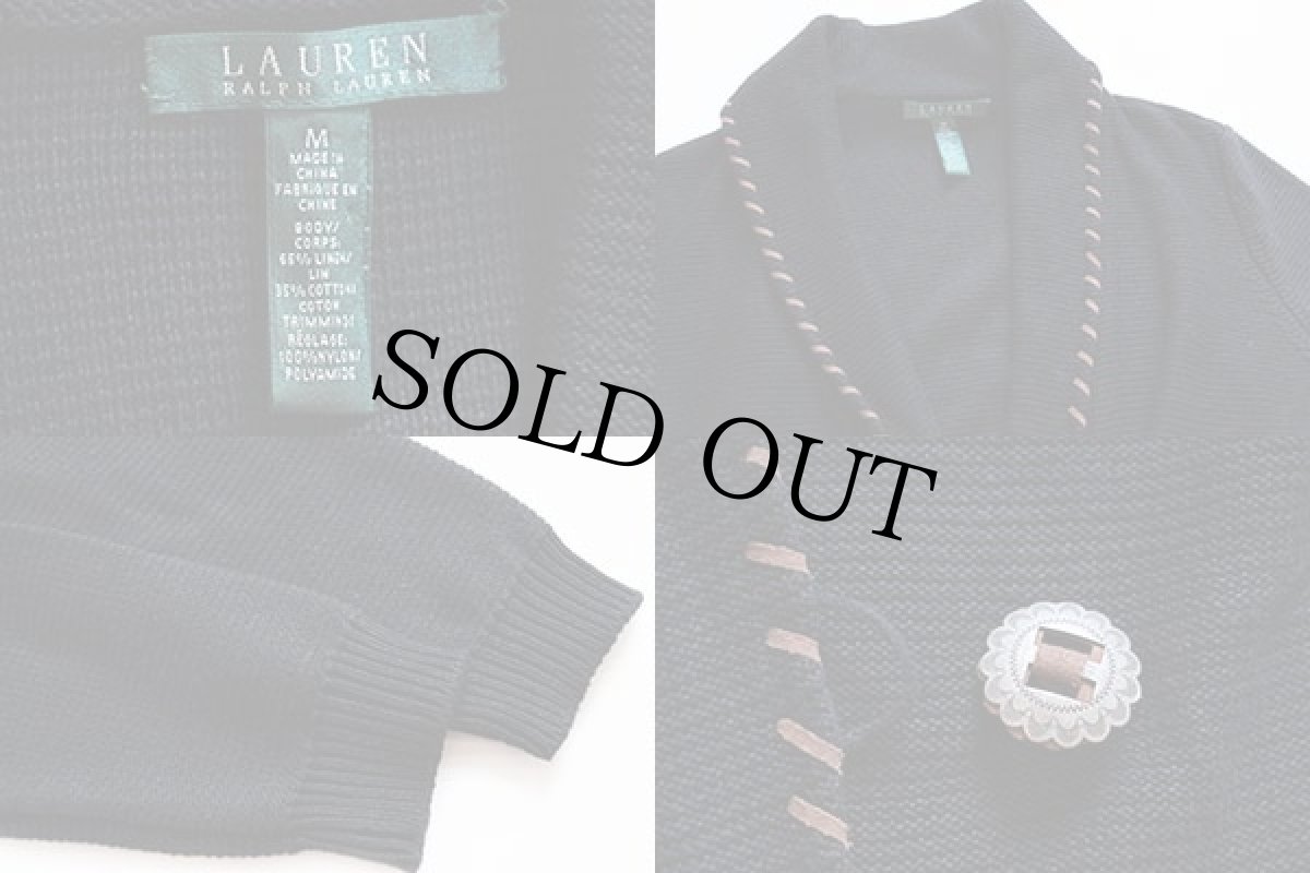 画像3: LAUREN ラルフローレン ショールカラー 無地 リネン×コットンニット カーディガン 黒 M (3)