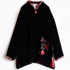 画像1: 90s CHICO'S DESIGN 刺繍入り レーヨン×シルク ベロア チャイナ ジャケット黒 2 (1)