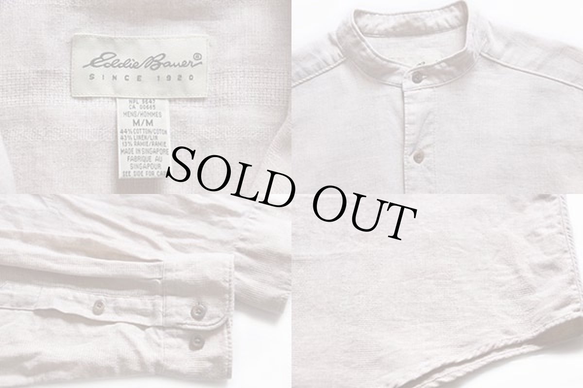 画像3: 90s EddieBauerエディーバウアー ストライプ バンドカラー コットン×リネンシャツ ベージュ M (3)