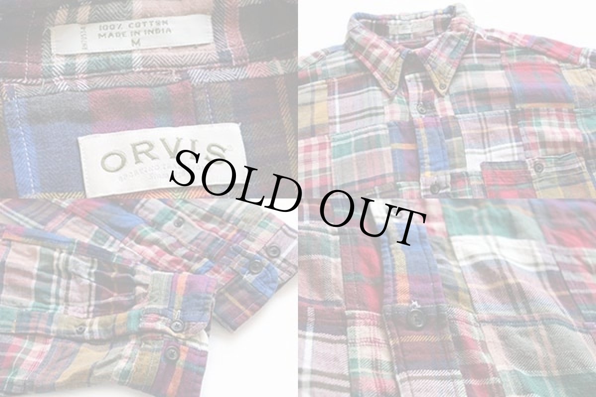 画像3: 00s ORVISオービス チェック パッチワーク ボタンダウン コットン ネルシャツ M★インド綿 (3)