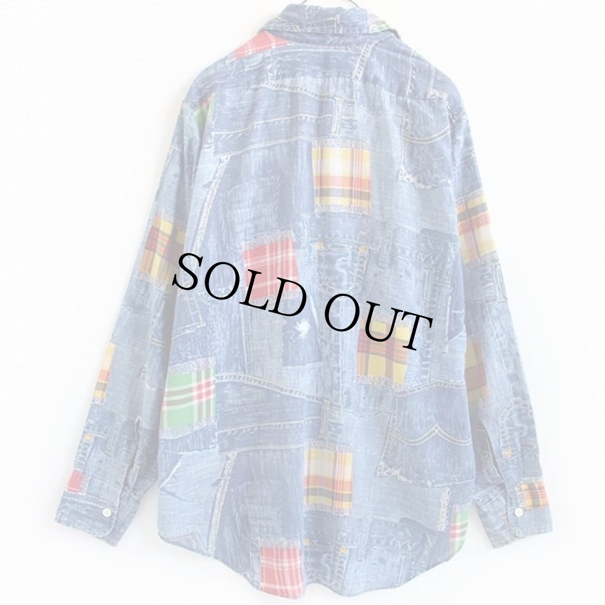 画像2: 70s Kmart デニム×チェック パッチワーク柄 シャツ M (2)