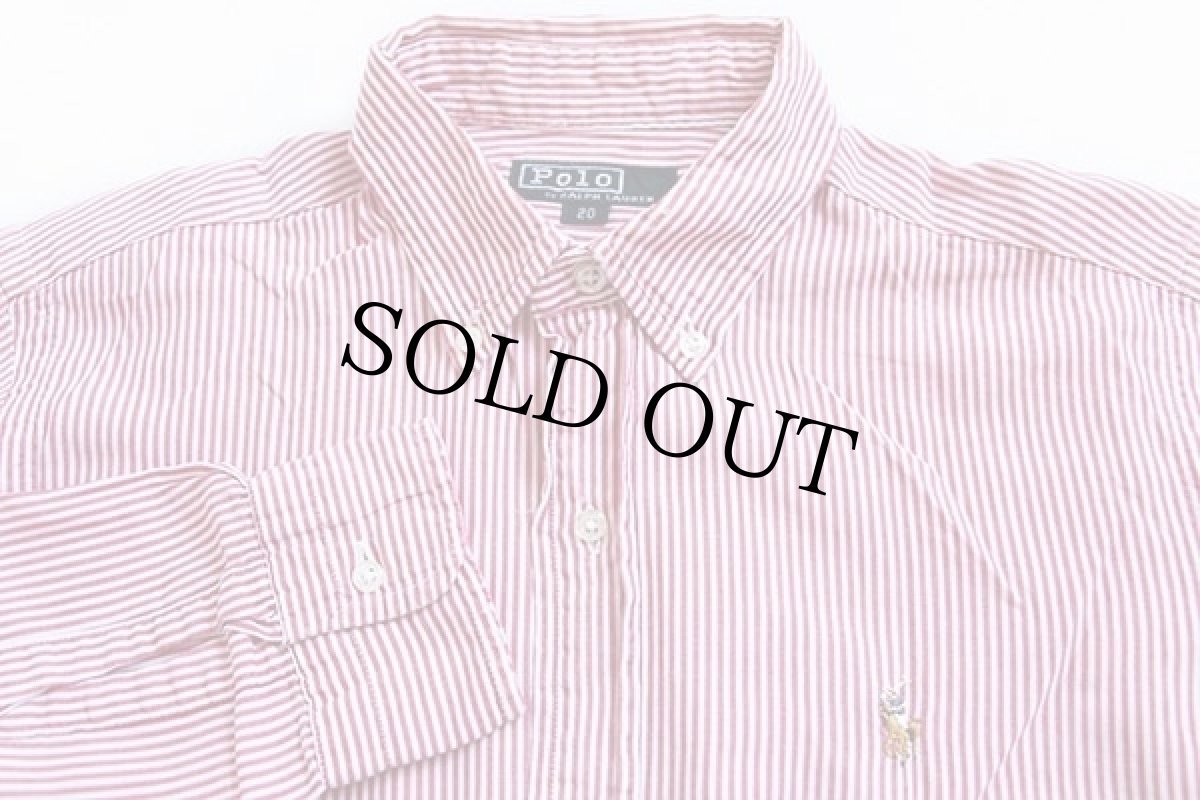 画像2: 80s ポロ ラルフローレン ストライプ ボタンダウン コットンシャツ 赤×白 ボーイズ20 (2)