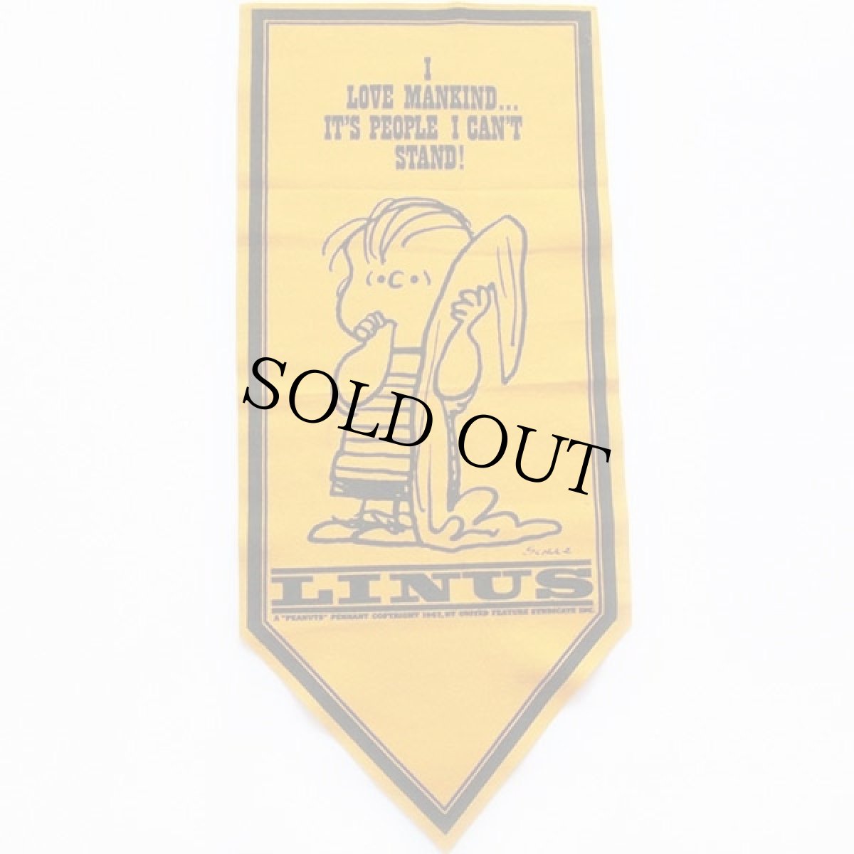画像2: 70s PEANUTS LINUSライナス I LOVE MANKIND... IT'S PEOPLE I CAN'T STAND! フェルト ペナント 黄★スヌーピー (2)