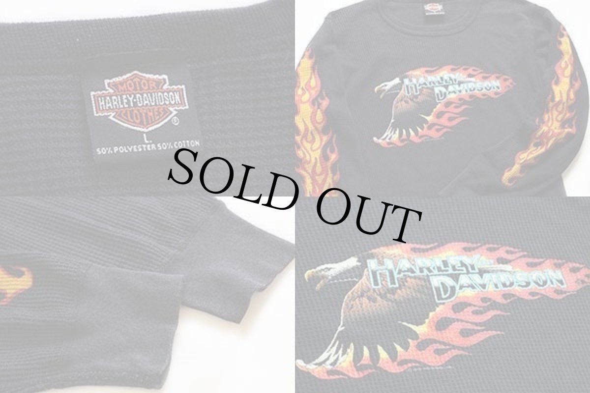 画像3: 90s USA製 HARLEY-DAVIDSONハーレー ダビッドソン フレイムス サーマルシャツ 黒 L★ファイヤーパターン (3)