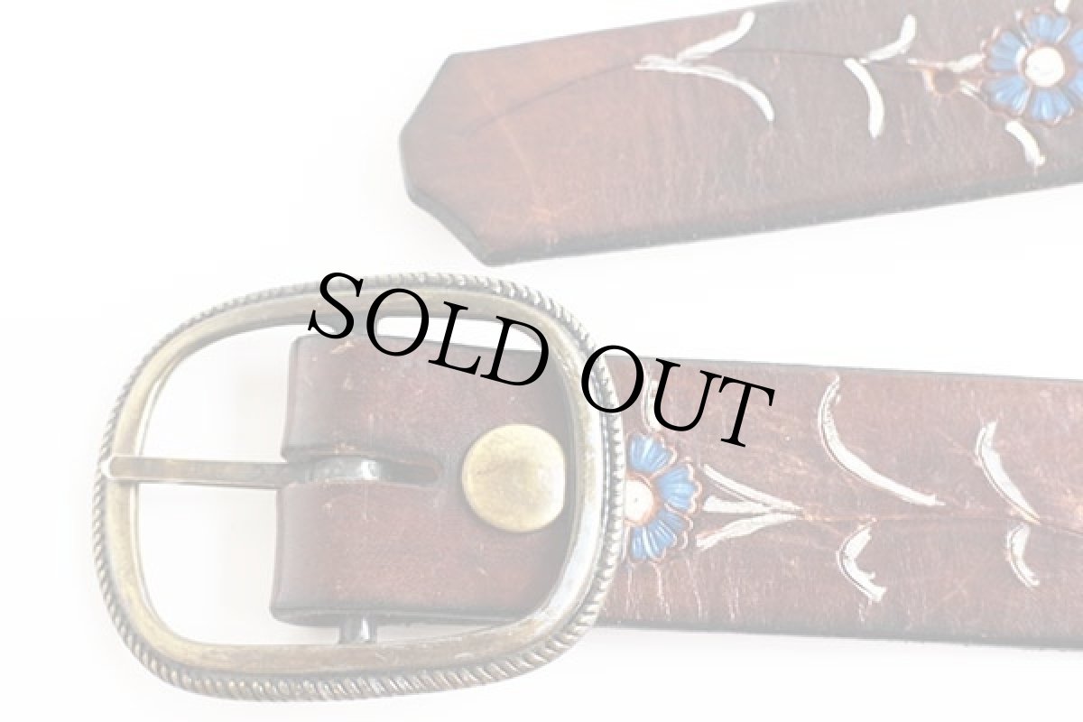 画像2: 70s 花柄 カービング ペイント レザーベルト 焦げ茶★1182 (2)