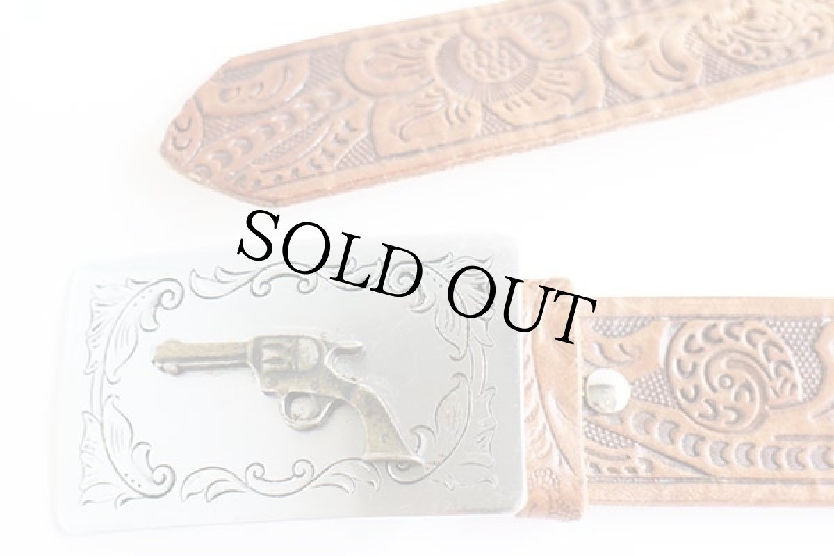 画像3: 80s USA製 ピストル バックル カービング レザーベルト 茶 38★1176 (3)