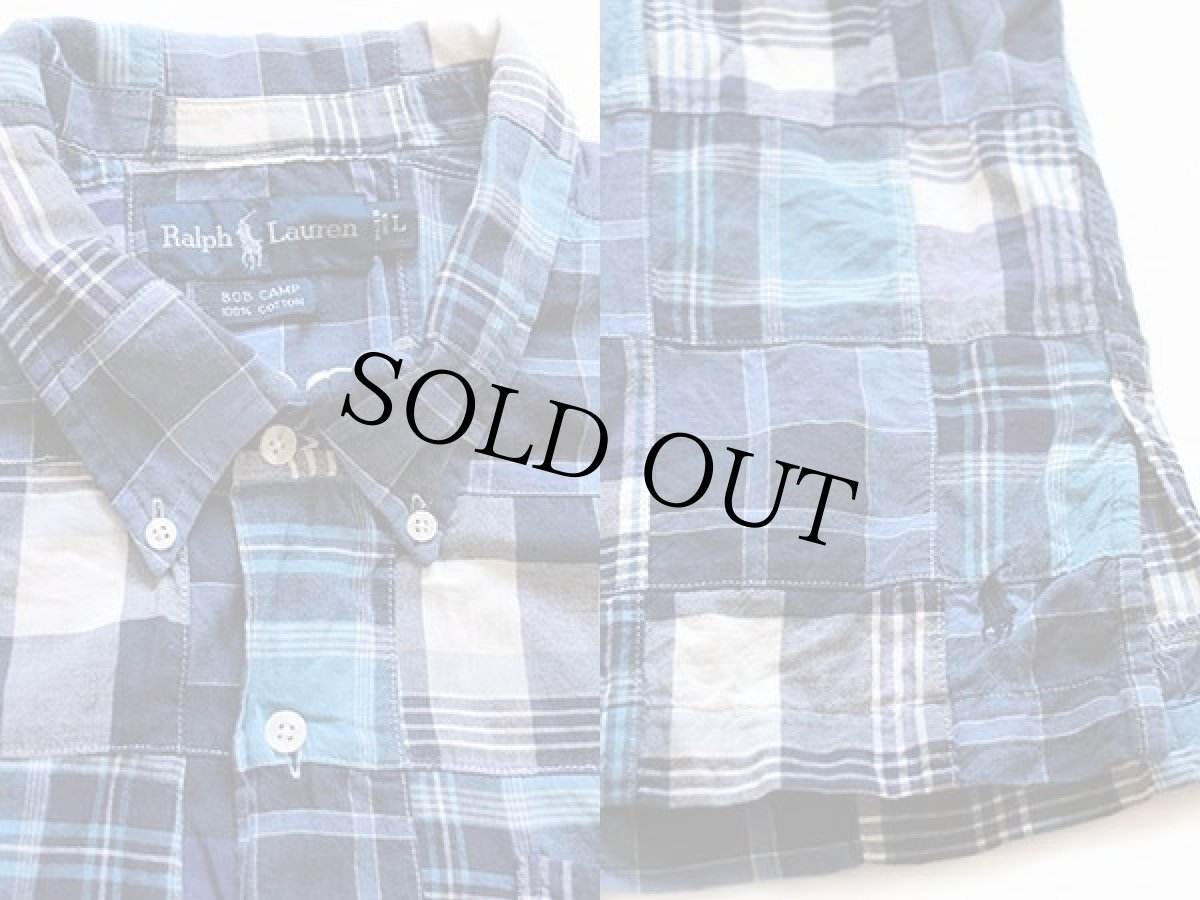 画像3: 90s ラルフローレン マドラスチェック パッチワーク 三点留め ボタンダウン 半袖 コットンシャツ L★インド綿 (3)