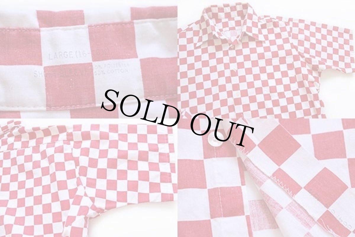 画像3: 70s UNKNOWN チェッカーフラッグ 半袖 シャツ 赤×白 L (3)