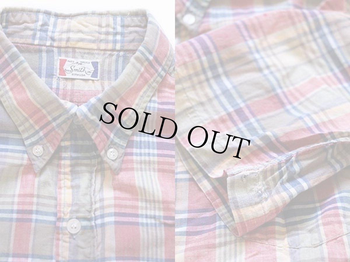 画像3: 60s Smith マドラスチェック 三点留め ボタンダウン 半袖 コットンシャツ L★インド綿 (3)