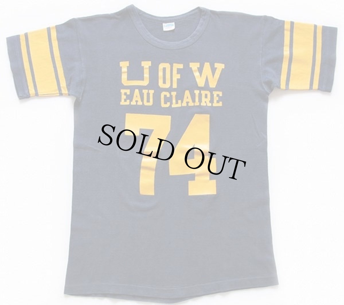 画像1: 70s USA製 Championチャンピオン U OF W EAU CLAIRE 74 ナンバリング コットン フットボールTシャツ 紺 L (1)