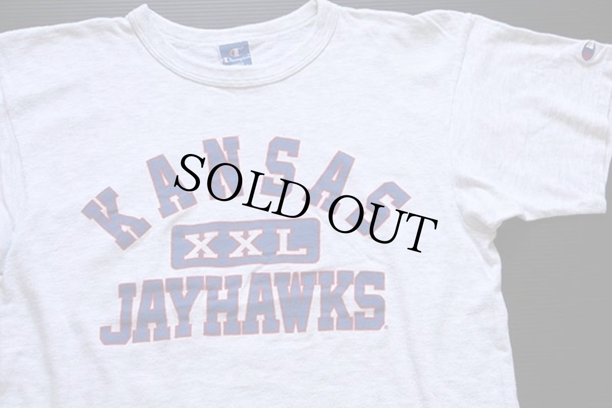 画像1: 90s USA製 Championチャンピオン KANSAS XXL JAYHAWKS Tシャツ 杢ライトグレー L (1)