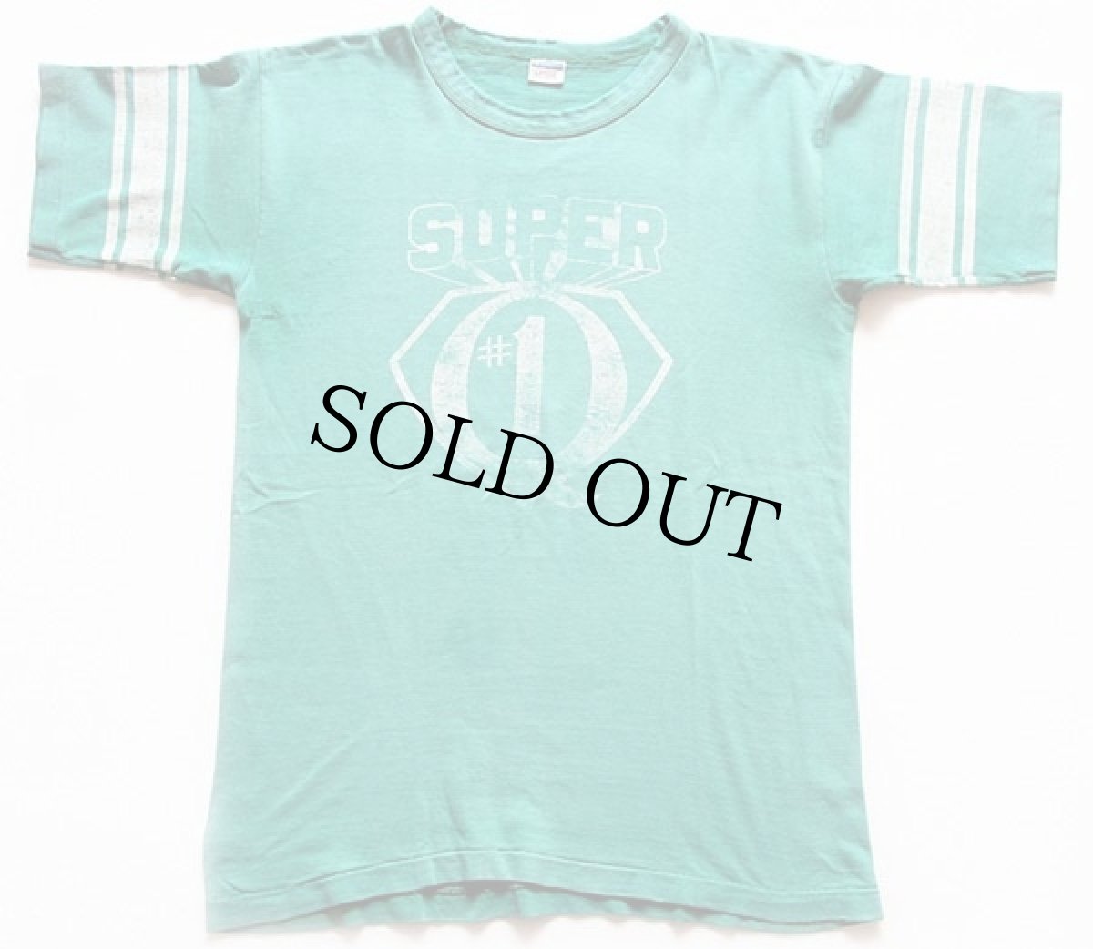 画像1: 70s USA製 Championチャンピオン SUPER #1 KQWB コットン フットボールTシャツ エメラルドグリーン L (1)