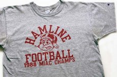 画像1: 80s USA製 Championチャンピオン HAMLINE FOOTBALL 染み込みプリント 88/12 Tシャツ 杢グレー XL (1)