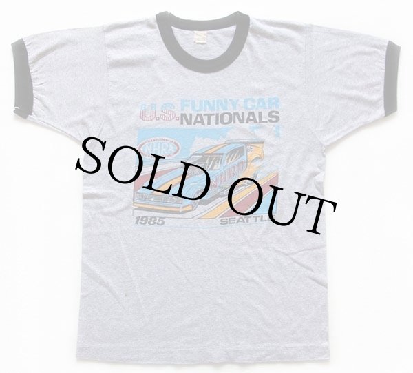 80s USA製 NHRA U.S.FUNNY CAR NATIONALS リンガーTシャツ 杢グレー×黒