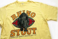 画像1: 80s USA製 crazy shirts RHINO STOUT サイ 両面 染み込みプリント コットンTシャツ 黄 M (1)