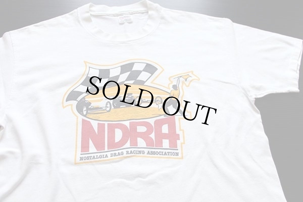 画像1: 80s USA製 NDRA NOSTALGIA DRAG RACING ASSOCIATION チェッカーフラッグ コットンTシャツ 白 L (1)