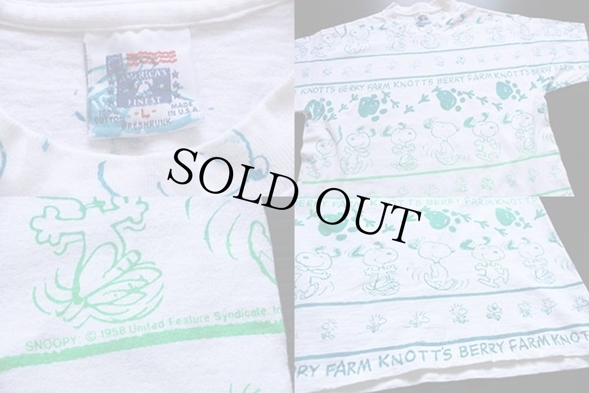 画像4: 90s USA製 KNOTT'S BERRY FARM スヌーピー ウッドストック オールオーバープリント コットンTシャツ 白 L (4)