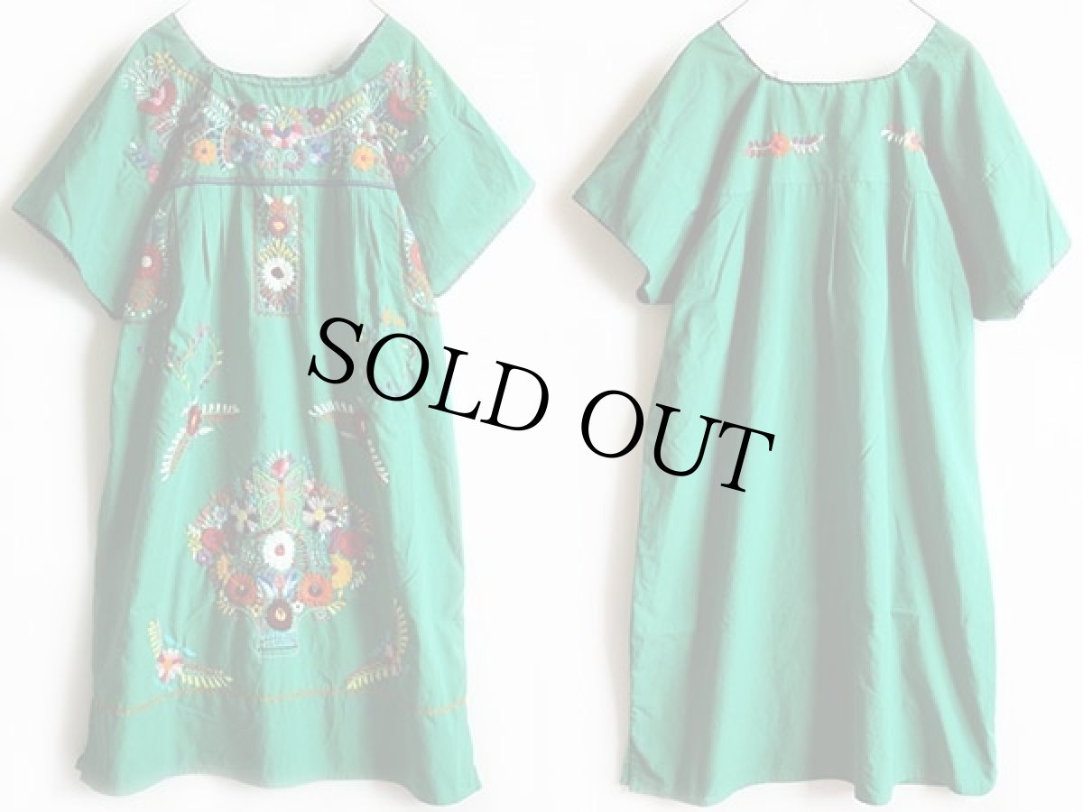 画像2: メキシコ 花柄刺繍 チュニック ワンピース 緑 (2)