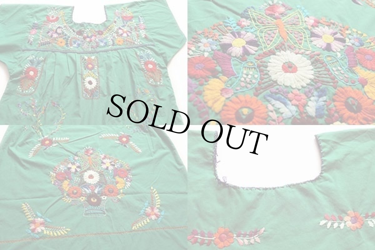 画像3: メキシコ 花柄刺繍 チュニック ワンピース 緑 (3)