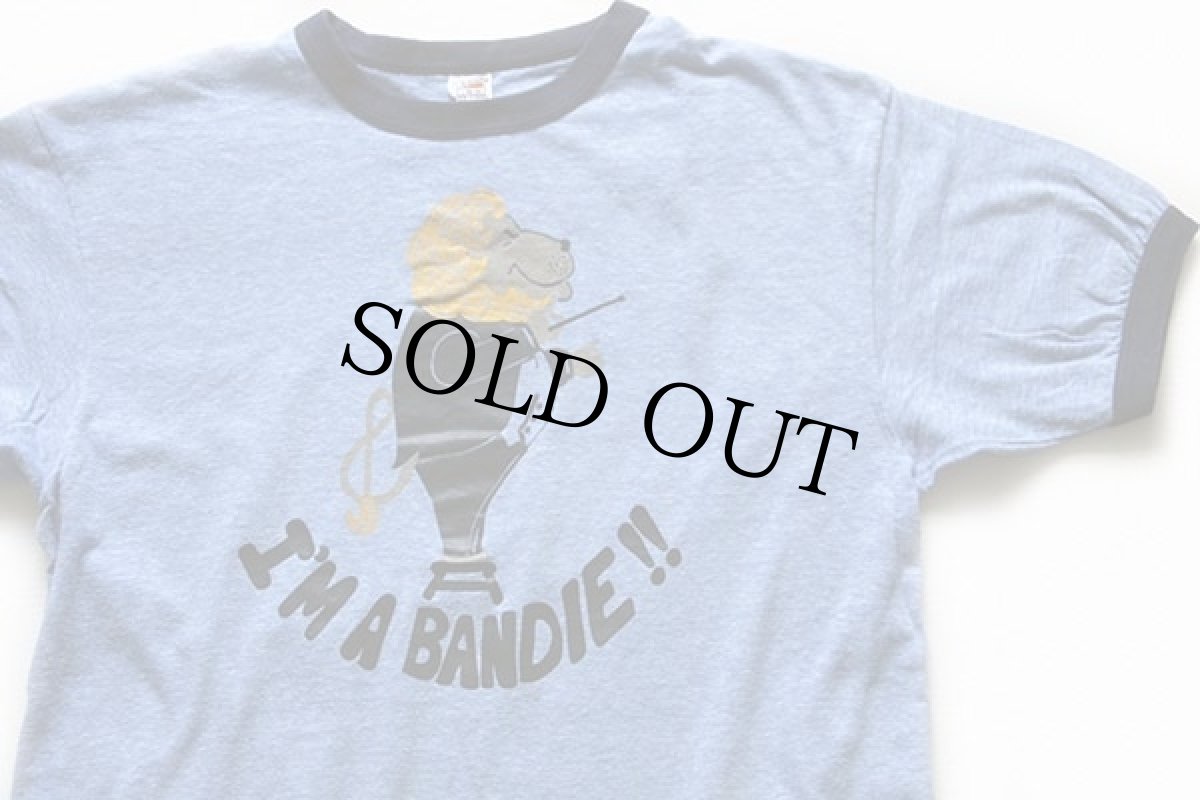 画像1: 70s USA製 Hanes I'M A BANDIE !! MSM BAND ライオン 指揮者 リンガーTシャツ 杢ブルー×紺 L (1)