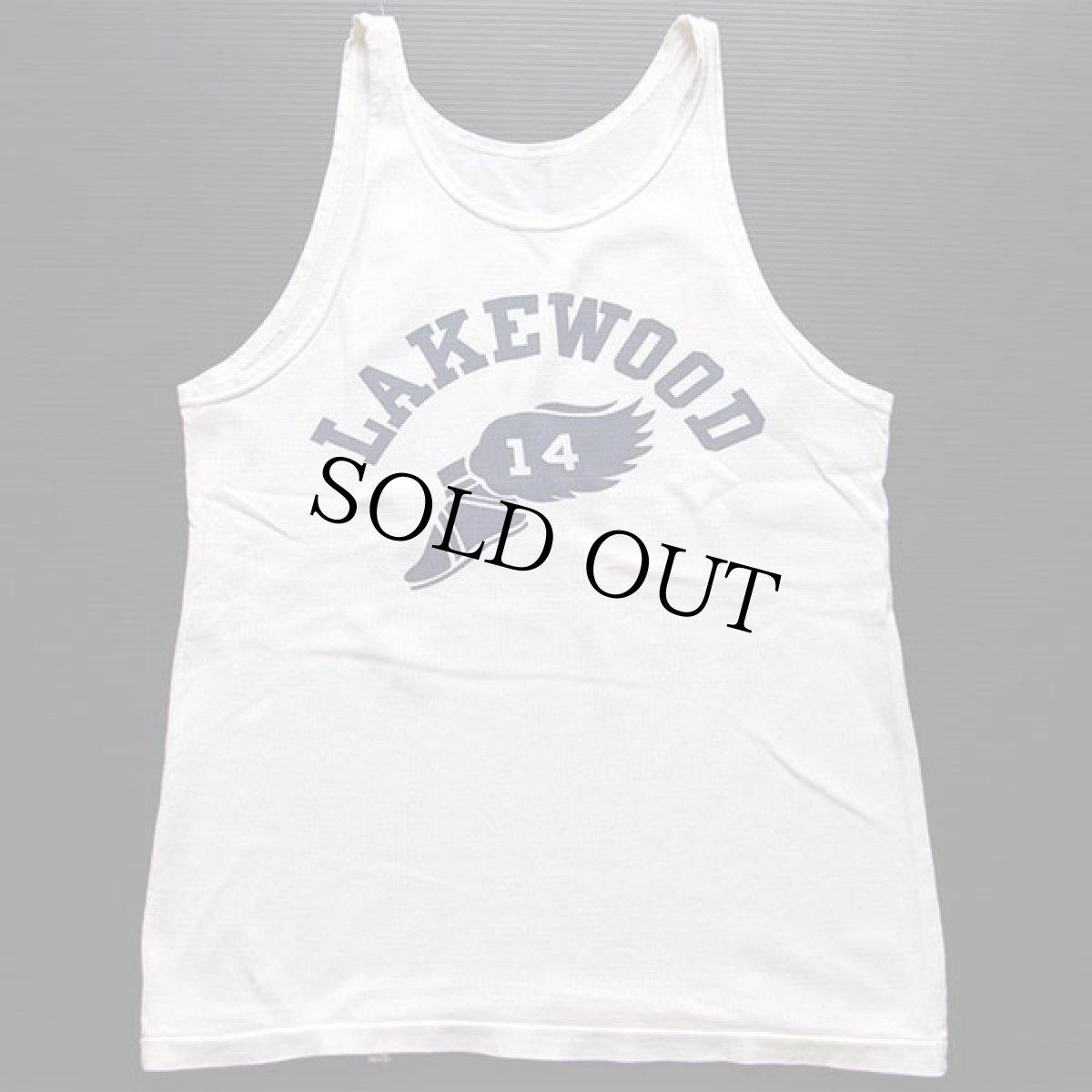 画像2: 60s CHAMPIONチャンピオン ランタグ LAKEWOOD ウイングフット 染み込みプリント コットン タンクトップ 白 M (2)