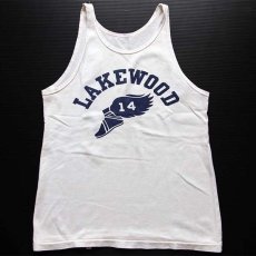 画像2: 60s CHAMPIONチャンピオン ランタグ LAKEWOOD ウイングフット 染み込みプリント コットン タンクトップ 白 M (2)