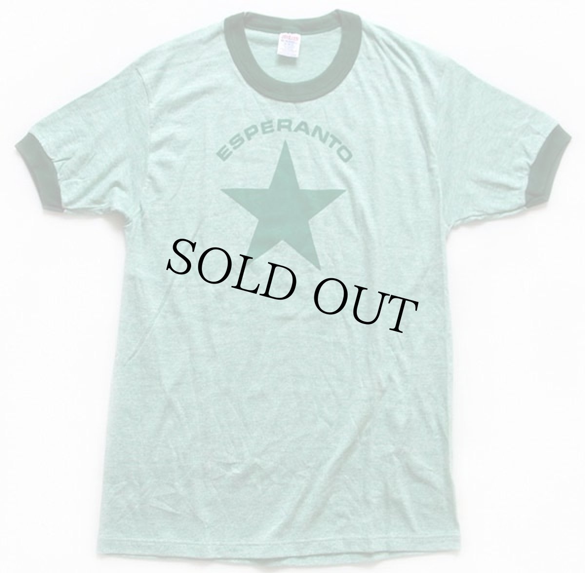 画像2: デッドストック★80s USA製 ESPERANTO スター 染み込みプリント リンガーTシャツ 杢グリーン M (2)