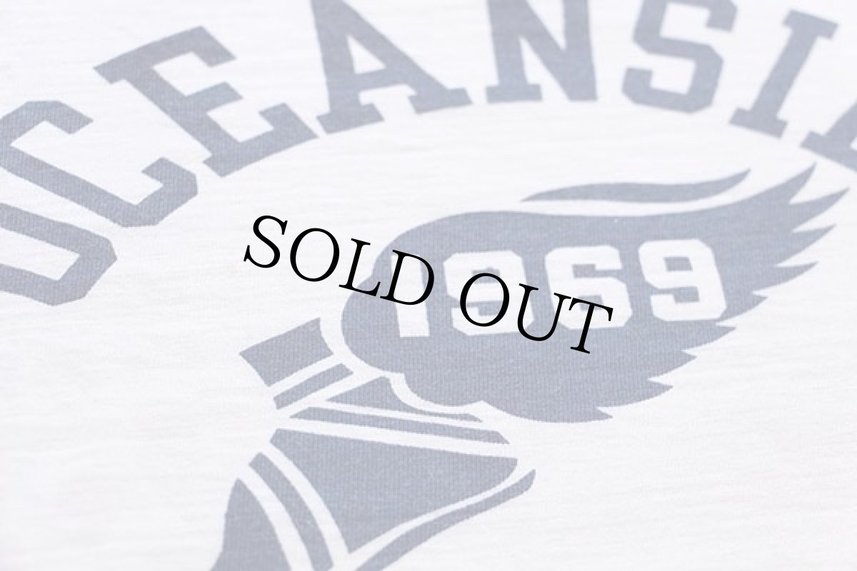 画像4: 60s CHAMPIONチャンピオン プロダクツ OCEANSIDE ウイングフット 三段中抜き 染み込みプリント コットン リンガーTシャツ 白×紺 M (4)