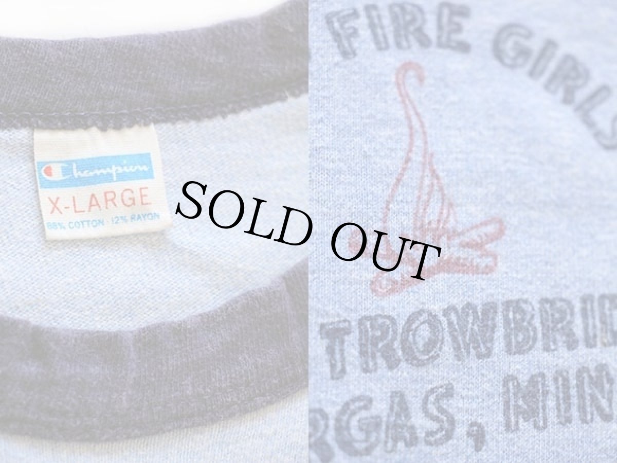 画像3: 70s USA製 Championチャンピオン CAMP FIRE GIRLS 染み込みプリント 88/12 リンガーTシャツ 杢ブルー XL (3)