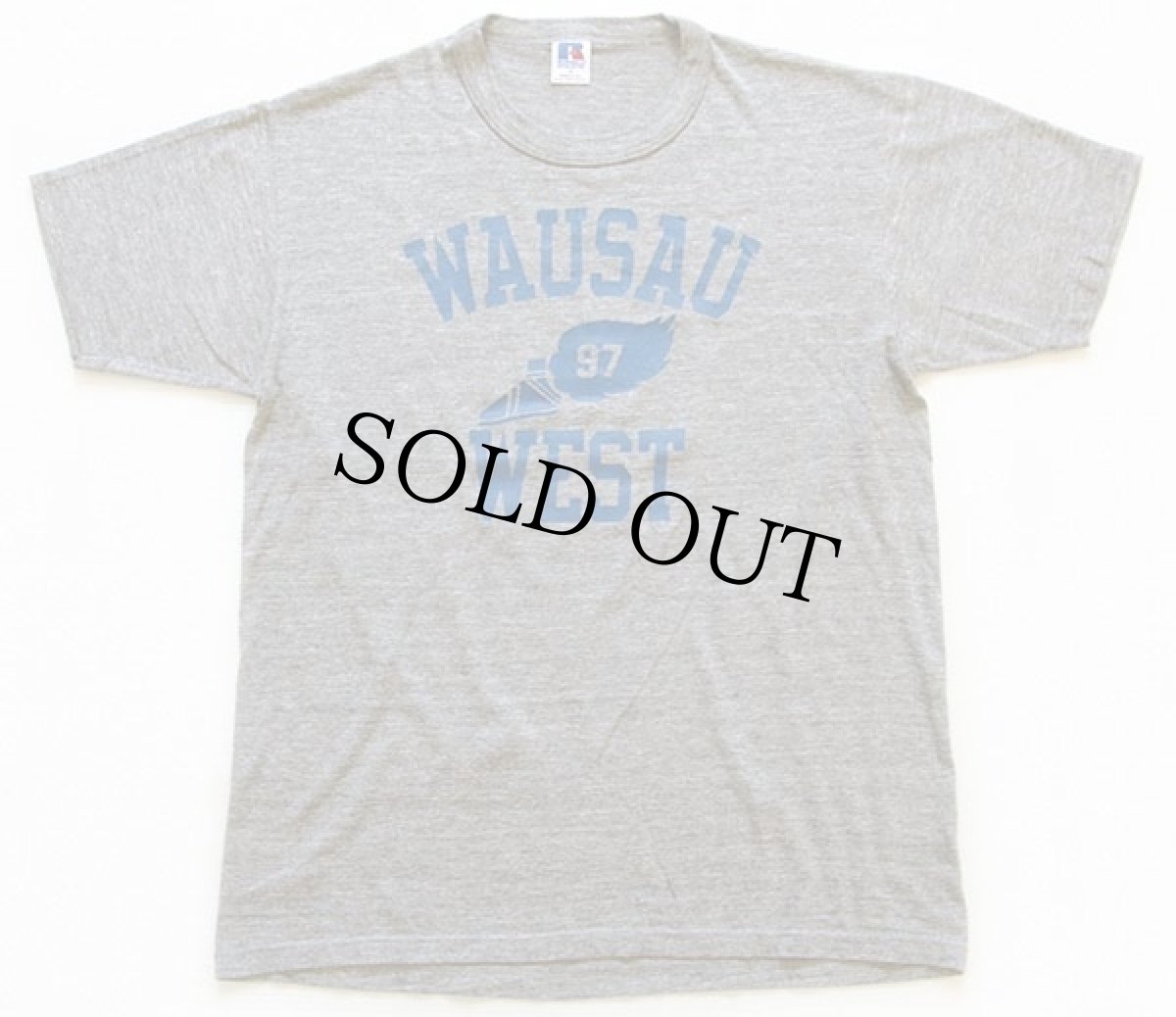 画像2: 90s USA製 RUSSELLラッセル WAUSAU WEST ウイングフット 三段中抜き Tシャツ 杢グレー M (2)