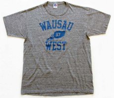 画像2: 90s USA製 RUSSELLラッセル WAUSAU WEST ウイングフット 三段中抜き Tシャツ 杢グレー M (2)