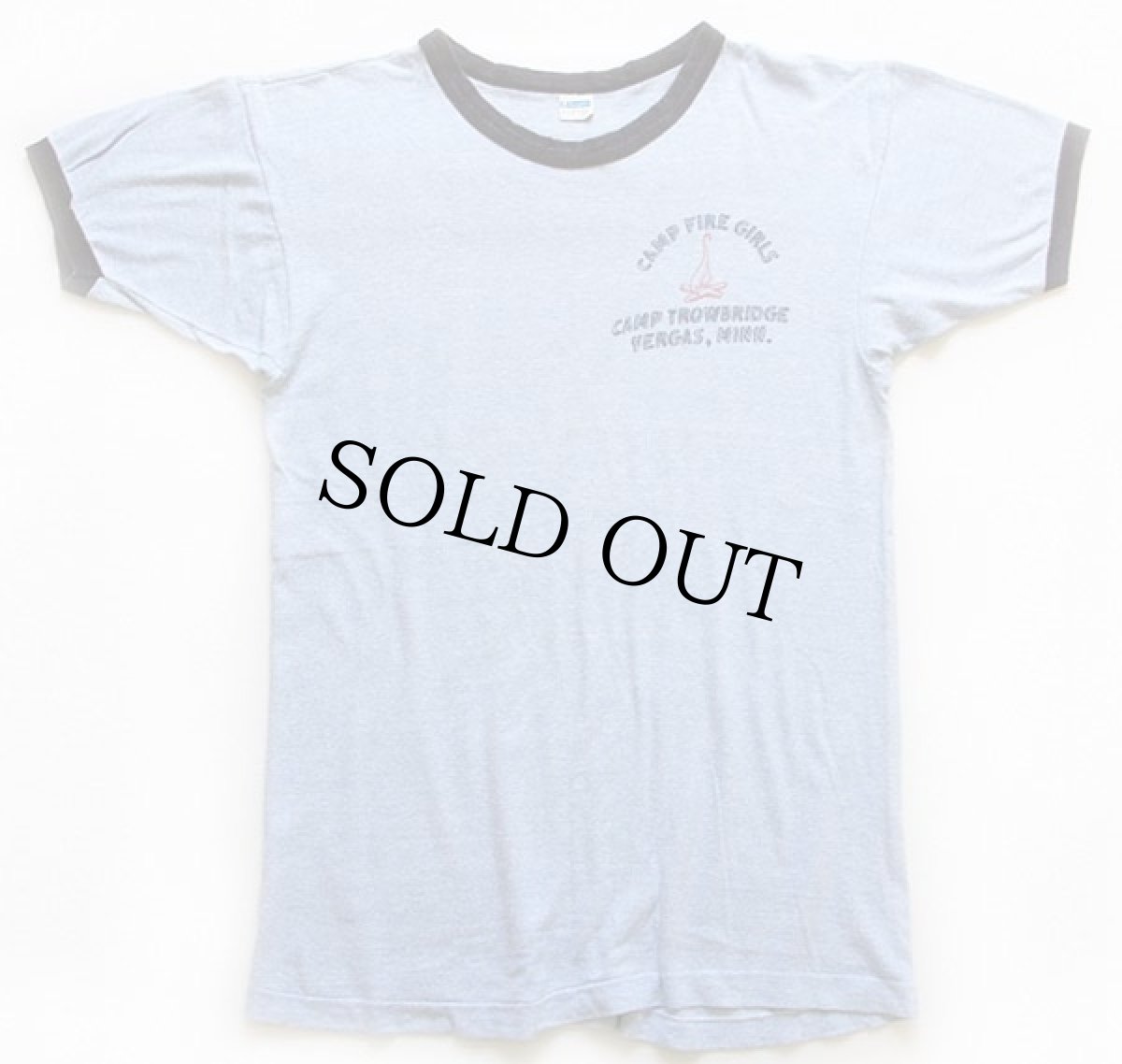 画像2: 70s USA製 Championチャンピオン CAMP FIRE GIRLS 染み込みプリント 88/12 リンガーTシャツ 杢ブルー XL (2)
