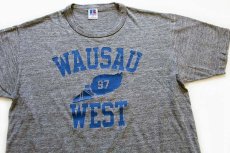 画像1: 90s USA製 RUSSELLラッセル WAUSAU WEST ウイングフット 三段中抜き Tシャツ 杢グレー M (1)