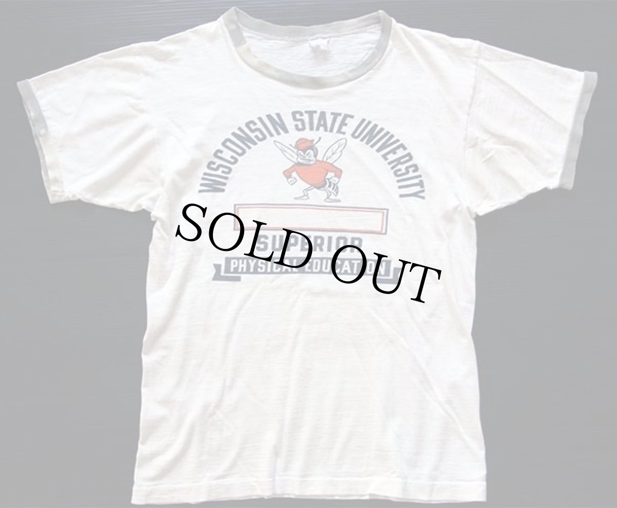 画像2: 60s CHAMPIONチャンピオン プロダクツ 五段中抜き 染み込みプリント コットン リンガーTシャツ 白×グレー M (2)