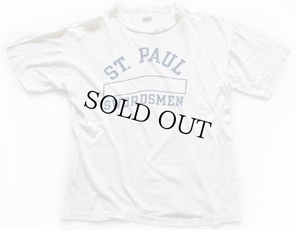 画像2: 70s USA製 Championチャンピオン ST.PAUL SWORDSMEN 染み込みプリント コットンTシャツ 白 L (2)