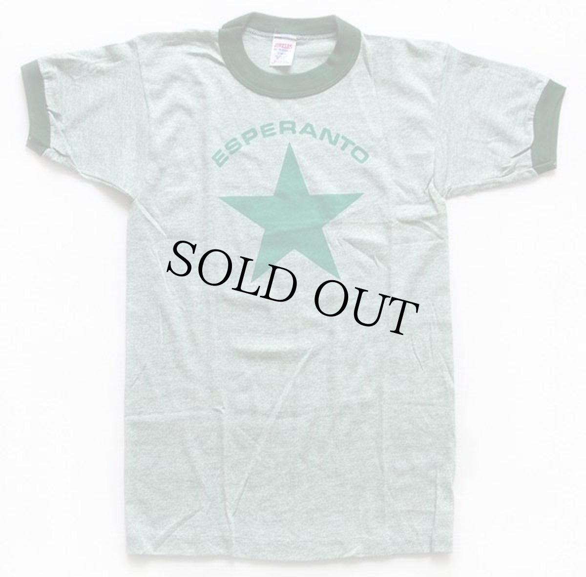 画像2: デッドストック★80s USA製 ESPERANTO スター 染み込みプリント リンガーTシャツ 杢グリーン S (2)