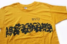 画像1: 80s USA製 Collegiate Pacific BYU フラワー 両面プリント コットンTシャツ 黄 L (1)