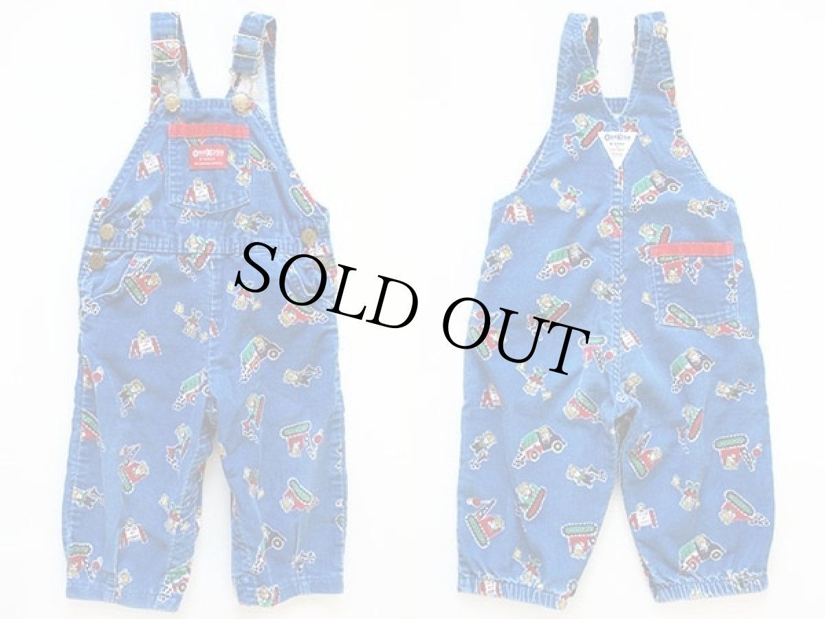 画像2: 80s USA製 OSHKOSH B'GOSH 働く車 総柄 プリント コーデュロイ オーバーオール 青 18M★サロペット (2)